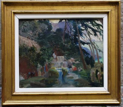 null Albert BESNARD (1849-1934), Paysage à la source, huile sur panneau, monogrammée...