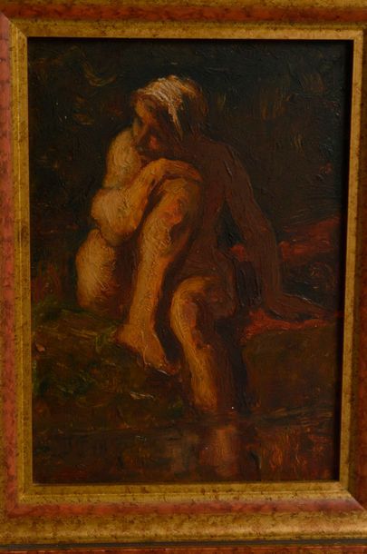 null D'après Jean-François MILLET, Femme nue assise, huile sur carton. 22 x 16 cm....
