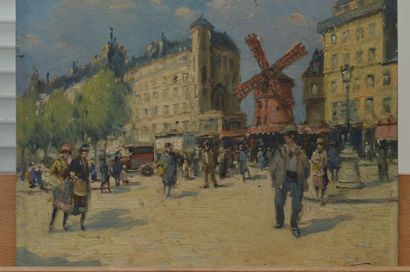 null C. WEBER (XXème), Paris, le Moulin-Rouge et Notre Dame depuis le quai Saint-Michel,...