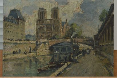 null C. WEBER (XXème), Paris, le Moulin-Rouge et Notre Dame depuis le quai Saint-Michel,...