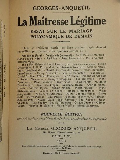 Anquetil Georges. La Maîtresse légitime: Essai sur le mariage polygamique de demain...