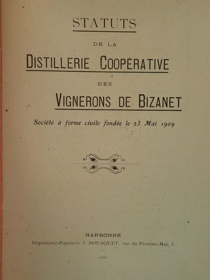 COLLECTIF Statuts de la Distillerie Coopérative des Vignerons de Bizanet. Société...