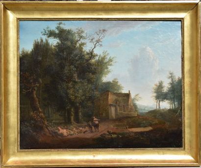 null Ecole FRANCAISE du XIXème siècle, Paysans devant une maison, sur sa toile d’origine....
