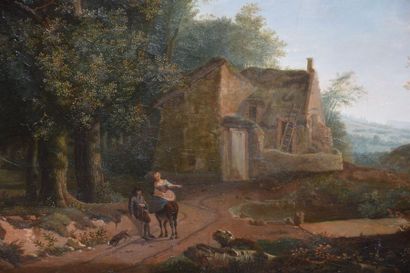 null Ecole FRANCAISE du XIXème siècle, Paysans devant une maison, sur sa toile d’origine....