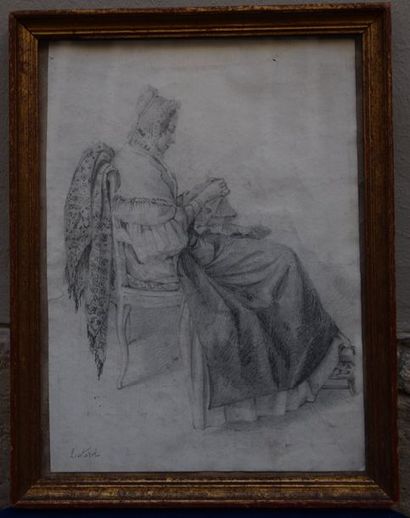 null Ecole FRANCAISE du XIX ème, Femme cousant, crayon, signature apocryphe 'Liotard'....
