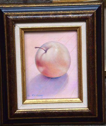 null André PLISSON (1929-2016), La Pomme, petite huile sur toile signée, signée,...
