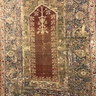 null Rare GHIORDES. Parma field prayer mat with mirhab, suspended oil lamp framed...
