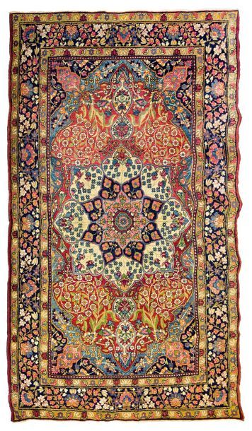 null Large KIRMAN with polychrome polychrome flowered spray on a ruby background...