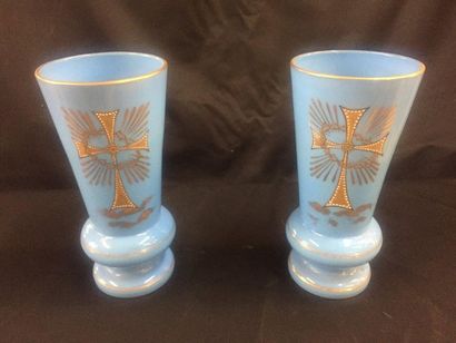 null Pair of truncated cone blue opaline VASES decorated with a golden cross and...