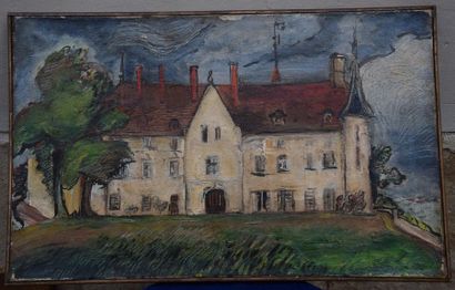 null Ecole MODERNE, View of the property, oil on panel signed lower right. 46 x 55...