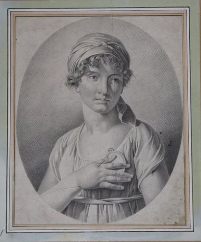 null FRENCH school circa 1800, Portraits of women, two oval view engravings. 47.5...