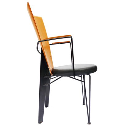 null SET OF FOUR CHAIRS, wood and black epoxy metal, leather seat. Height: 98; Width:...
