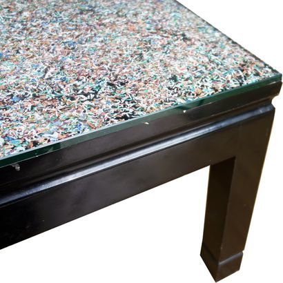 null Franc HACHE, Low table in lacquered wood, glass top with inlays of paper collages

Height:...