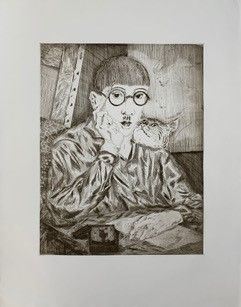 null Tsuguharu Léonard FOUJITA (1886-1968). Autoportrait au chat gravure à la pointe...