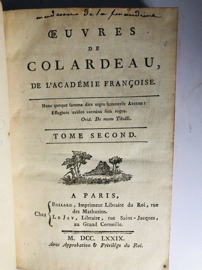COLARDEAU Oeuvres de Colardeau , de l’académie françoise. en deux tomes.

Édité à...