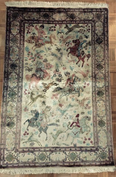 null Ghoum silk carpet (Persia) center Iran, weft, warp and silk velvet, decorated...
