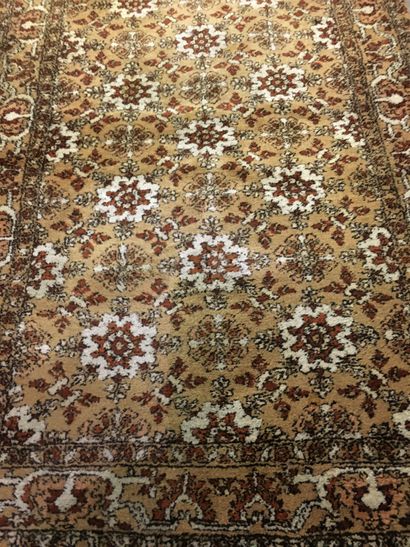 null North African carpet, weft and warp and wool velvet, chestnut coloured background...