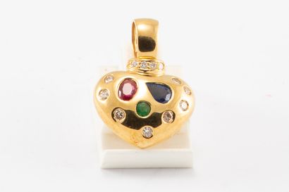 null Pendentif cœur en or jaune 18K (750 millièmes) serti de saphir, émeraude et...