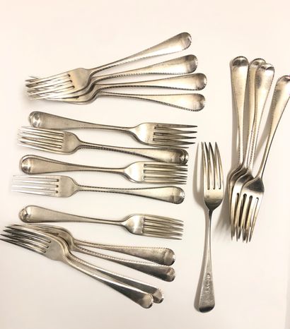 null Mismatched silver MENAGERE including 16 table spoons, 23 table forks, 9 dessert...