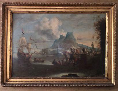 null Attribué à Bonaventura I PEETERS (1614-1652). Le débarquement d’un navire hollandais...