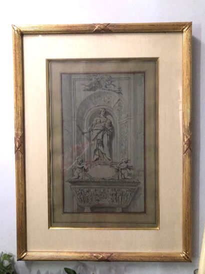 null Ecole FRANCAISE, Femme drapée à l'antique, gravure. Dim. : 48 x 31 cm.