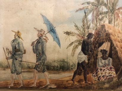null European school, early 19th century. Settlers on a walk near an African coast....