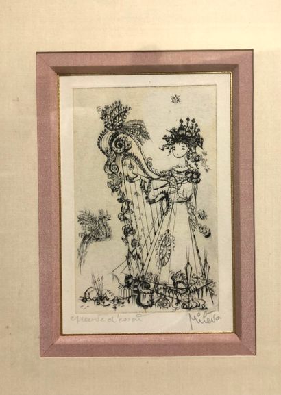 null Mileva GUITA (XX th), Woman playing the harp, etching, proof. 13,5 x 7 cm.