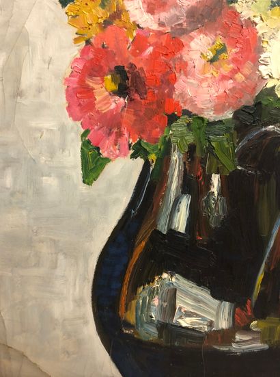 null School of the XXth century. Flowered vase. An oil on canvas and an oil on panel....