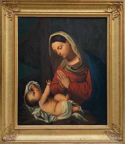  Ecole FRANCAISE fin XIX ème, Vierge en adoration de l'Enfant, huile sur toile d'après...