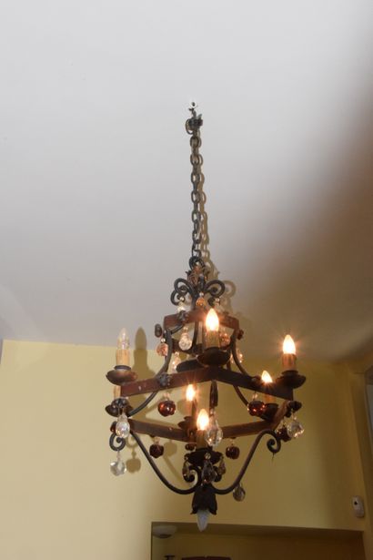 null LIGHTNING in wrought iron and pendants with 8 arms of light, colored glass balls....
