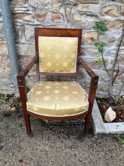  Carved wood armchair with yellow silk upholstery....