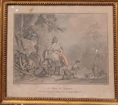 null After Jean-Baptiste HUET, Le départ de campagne, engraving in colors. Framed...