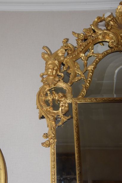 null Important MIRROR with glazed panels in stucco and gilded wood decorated with...