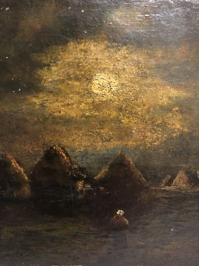  FRENCH SCHOOL OF THE XIXth CENTURY, The millstones at dusk in Artois. Oil on panel....