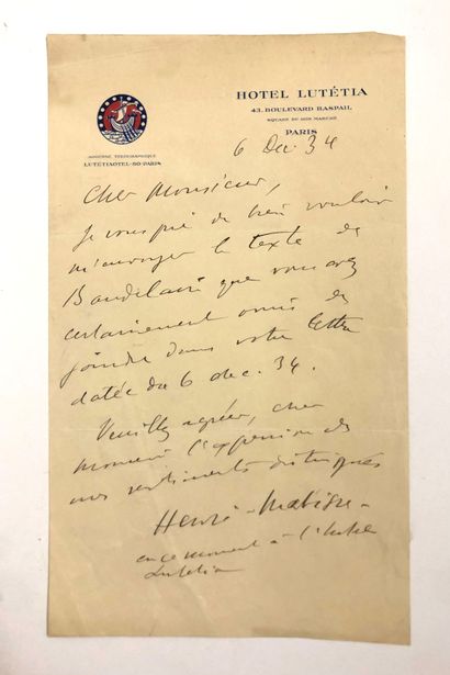 Henri MATISSE (1869-1954) 
HENRI MATISSE (1869-1954), Lettre autographe signée 