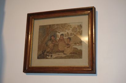 null Ecole MODERNE, "La cueillette des Enfants, broderie et collage. A vue: 23,5...