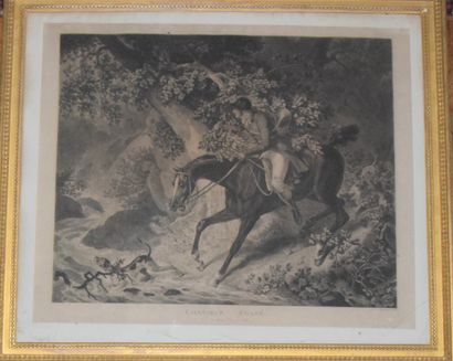 null After Carl Vernet, "The lost hunter", engraving by Dubucourt. Gilded wood frame,...