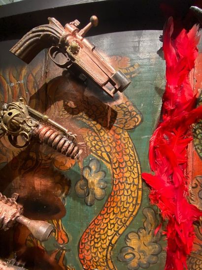 null 
CHAYAN KHOI (born 1963), Gun. Sculpture-painting decorated with a painted massacre...