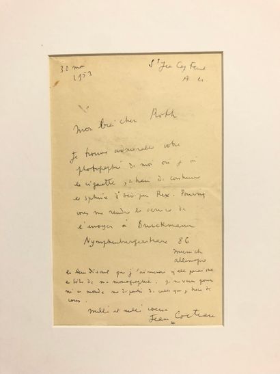 null Lettre de Jean Cocteau à Sanford Roth, datée du 30 mai 1953. Dans le même passe-partout,...