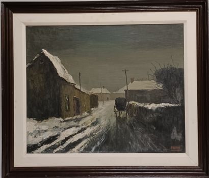 null René PRIN (1905-1985), Village enneigé de nuit, huile sur toile, signée en bas...