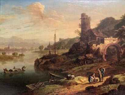 null Attribué à Christian Georg II SCHÜZ (1758 - 1823), Paysages aux pêcheurs, Paire...