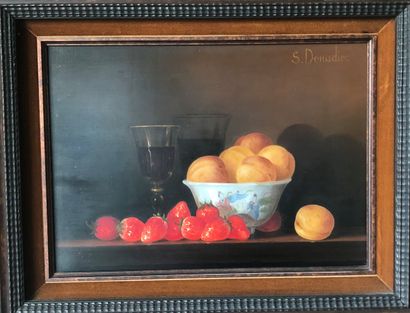 null Serge DONADIO (né en 1947). Nature morte aux abricots, fraises et verre de vin....