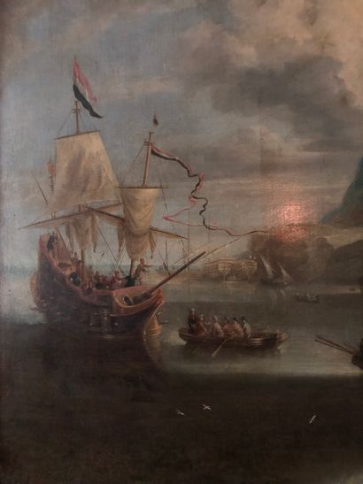null Attributed to Bonaventura I PEETERS (1614-1652). The landing of a Dutch ship...