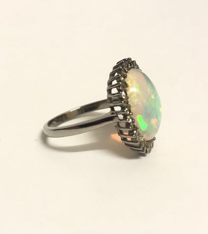 null Silver ring (925 thousandths) centered on an oval cut opal, cabochon, about...