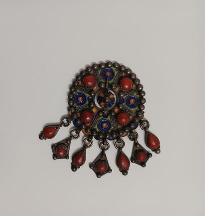 null Ethnic circular pendant in cloisonné enamel and metal, finished with pendants....