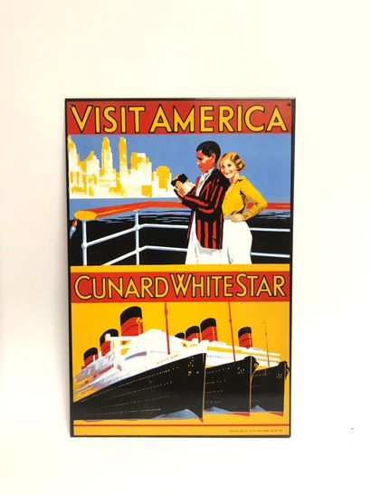 null PLAQUE métallique "Visit America -Cunard White Star". Dim. : 30,5 x 20 cm.