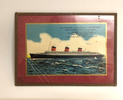 null Old cardboard poster representing the liner "Normandie", "Entry of the great...