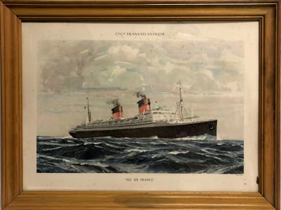 null After Marin MARIE (1901-1987). POSTER of the liner "Ile de France", framed under...