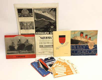 null CUNARD White Line and Cosuslich Line. Set of documents including 5 luggage tags,...