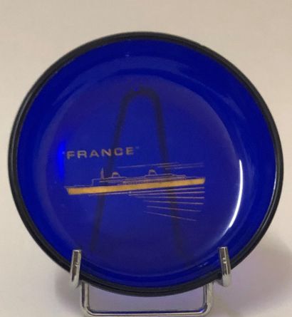 ASHTRAY in blue tinted glass with gilded...